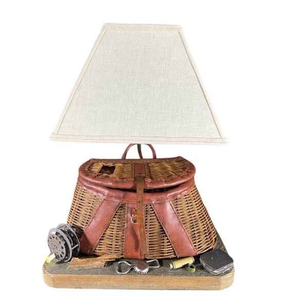 Fly Fishing Wooden Table Lamp Unique Handmade Cabin Man Cave Rustic Lake